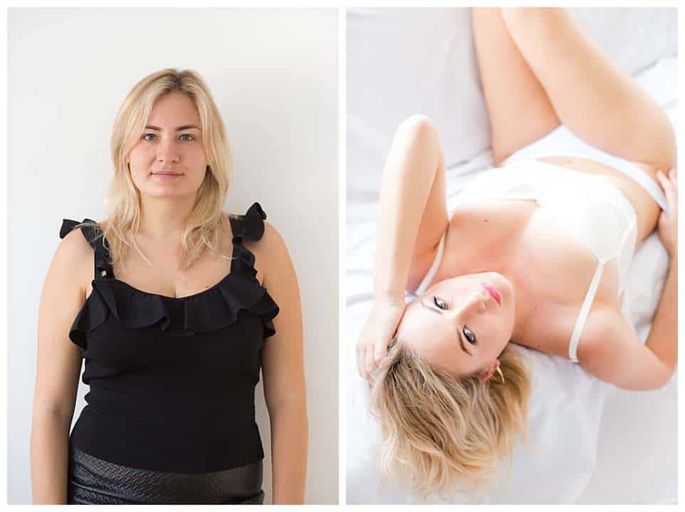 boudoir-photo-shoot-makeover-transformation-girl-with-blonde-hair-in-black-top-transformed-into-boudoir-cover-girl-in-white-lingerie
