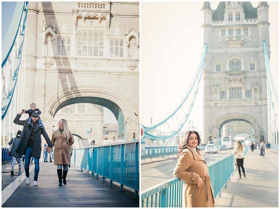A family and a woman posing separately on Tower Bridge in London